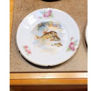 Vintage Porcelain Plate Fish Floral Gilt Edge Decorative Collectible